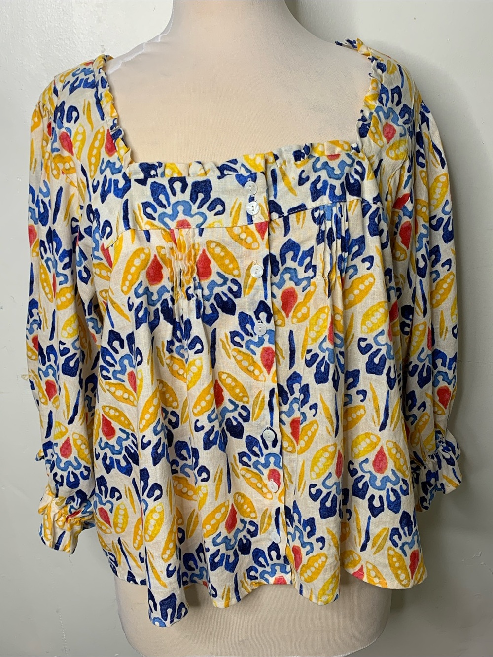 Rachel Roy Linen blend square neck peasant puff sleeve button down top L beach